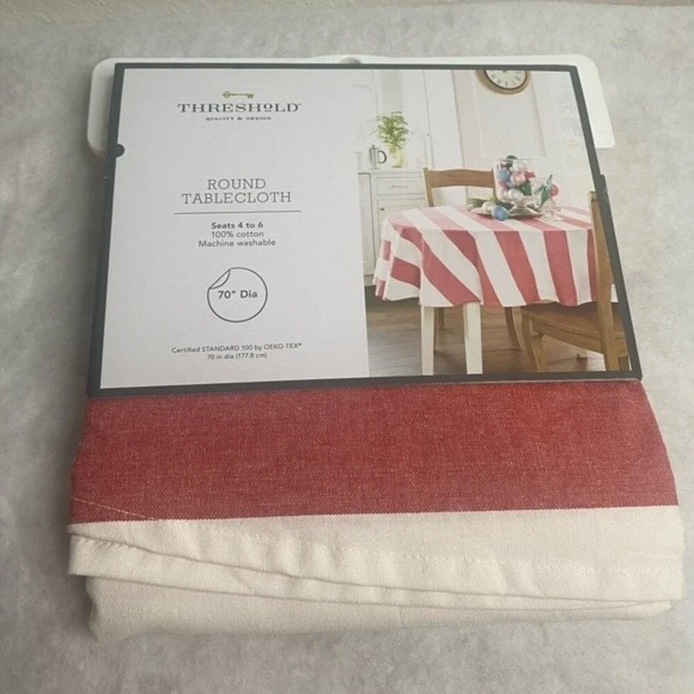 NEW Red Stripes Round Tablecloth 70” diameter Holiday Farmhouse Rustic Home